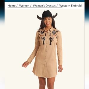 Embroidered Tan Mini Dress with Southwestern Cactus Motif